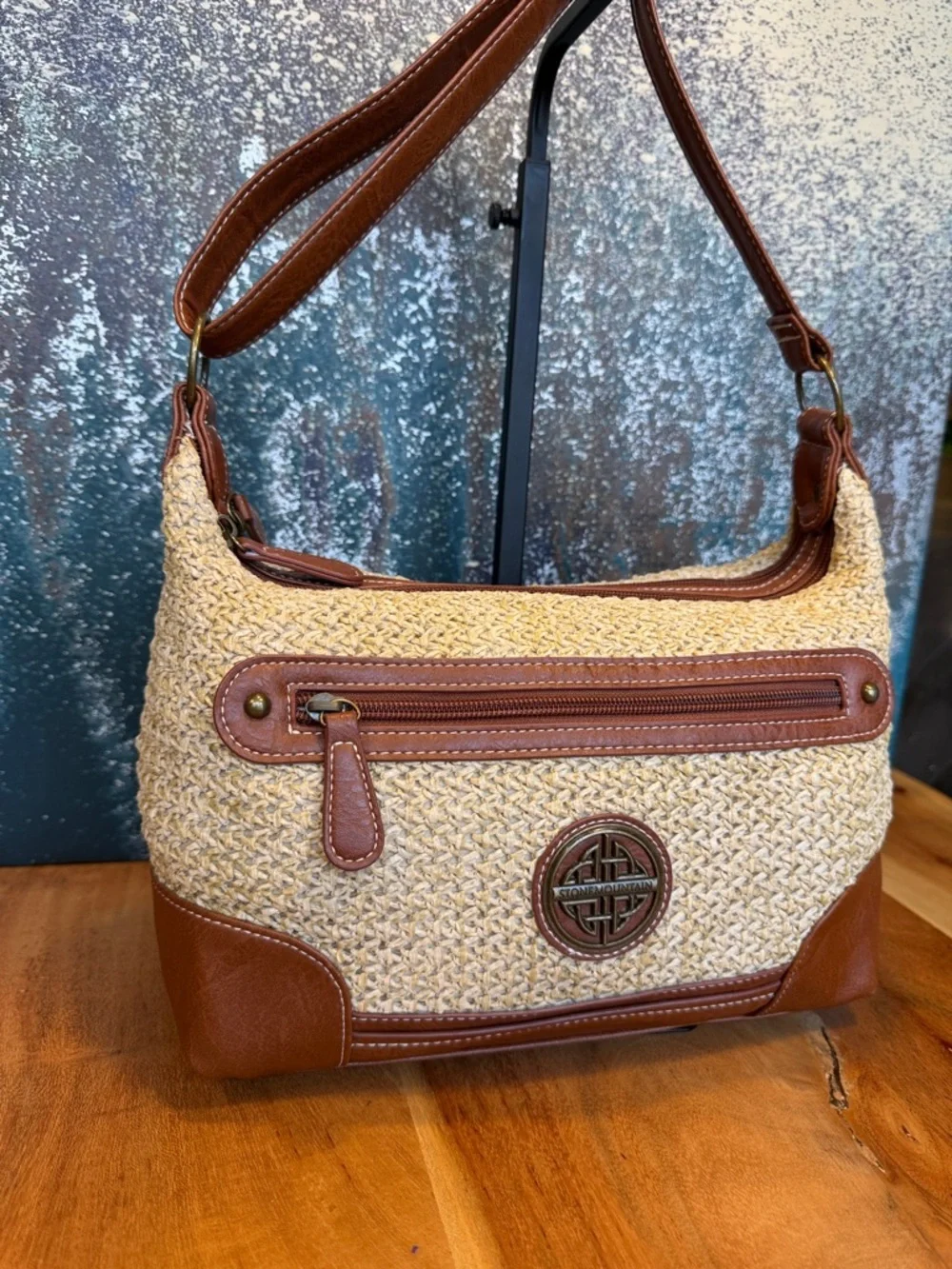 Stone Mountain Boho Woven Straw Faux‎ Leather Crossbody Shoulder Bag Tan  (VGUC)